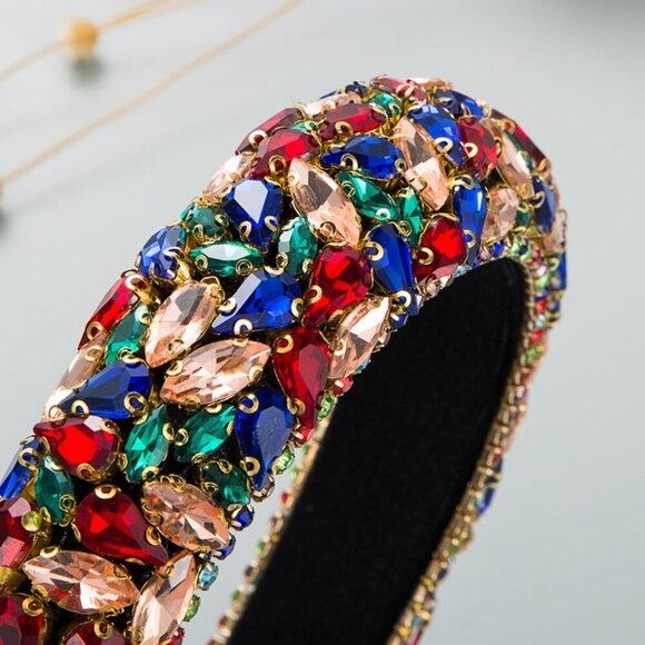 Colorful Rhinestone Sponge Headband Vintage Wide Edge Stained Glass Hair Accesso main image 4